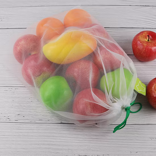 Borsa a rete riutilizzabile con coulisse in RPET per la spesa bianca personalizzata per frutta e verdura